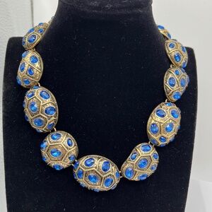 Vintage Brass Tone + Blue Rhinestone Linked Necklace.